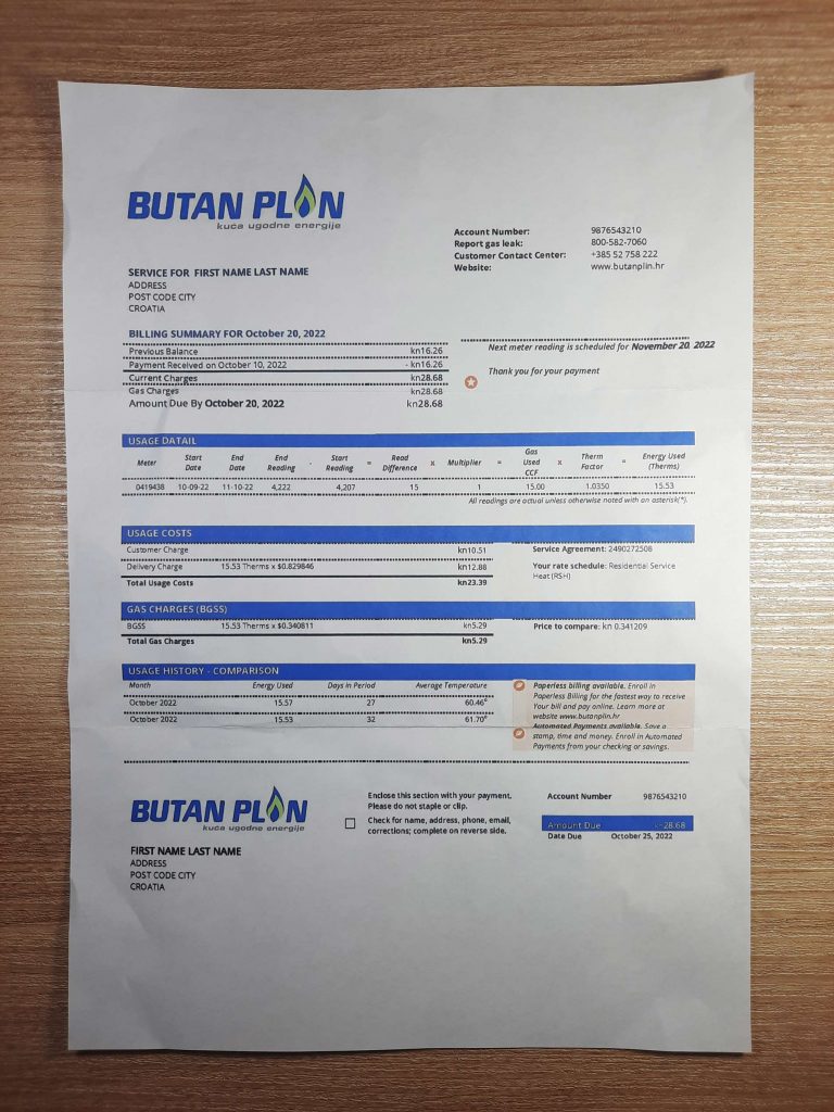 Croatia BUTAN PLIN gas utility bill template sample