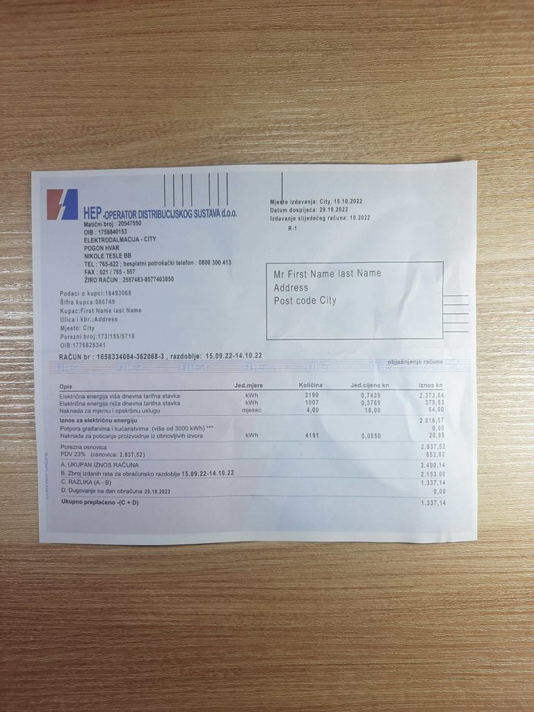 Realistic energy invoice by HEP Electric in Croatia