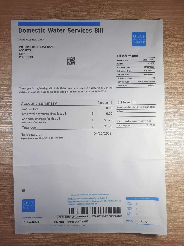 DOMESTIC Water Ireland utility bill captured for sample usage