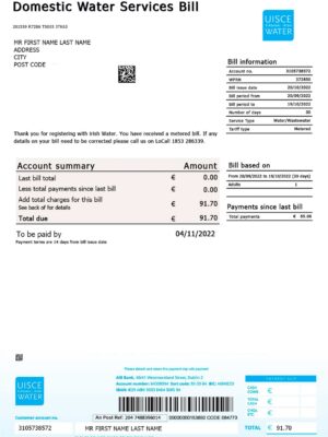DOMESTIC Water Ireland utility bill template