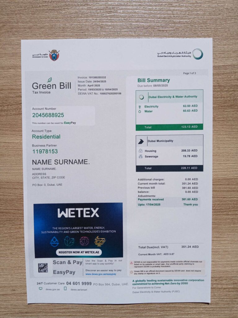 Dubai Green bill printed and photographed – address proof from Dubai