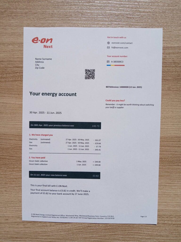 E-ON bill printed and photographed – address proof from UK