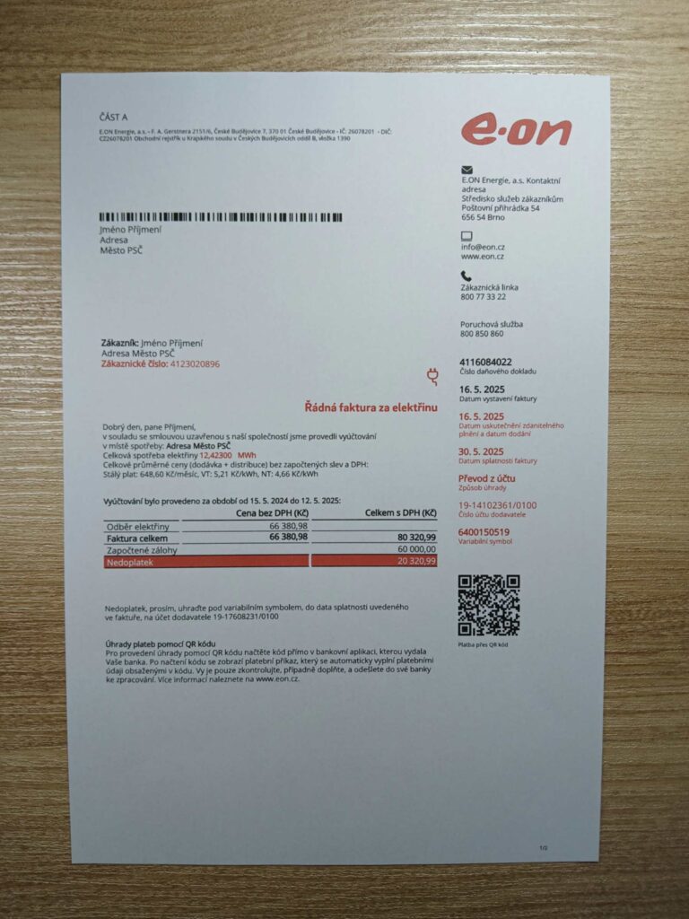 E-ON bill printed and photographed – address proof from Czech Republic