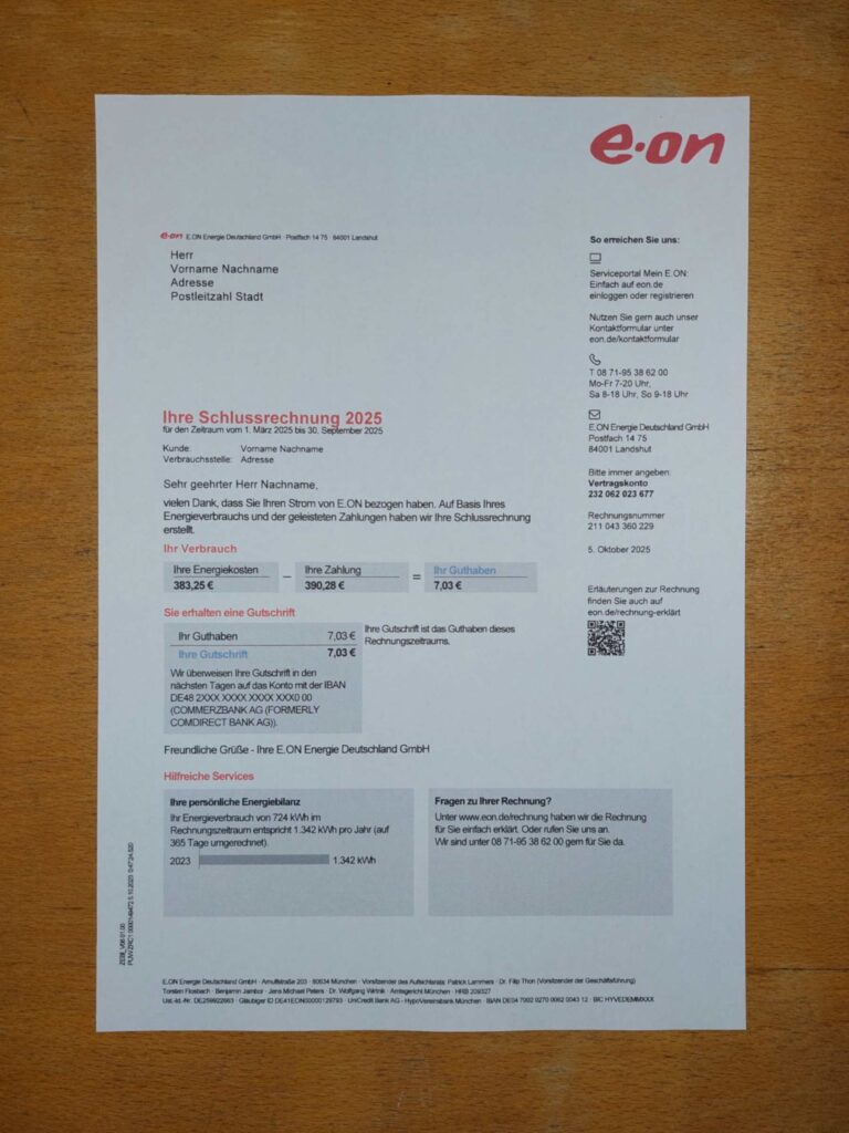 E-ON bill printed and photographed – address proof from Germany