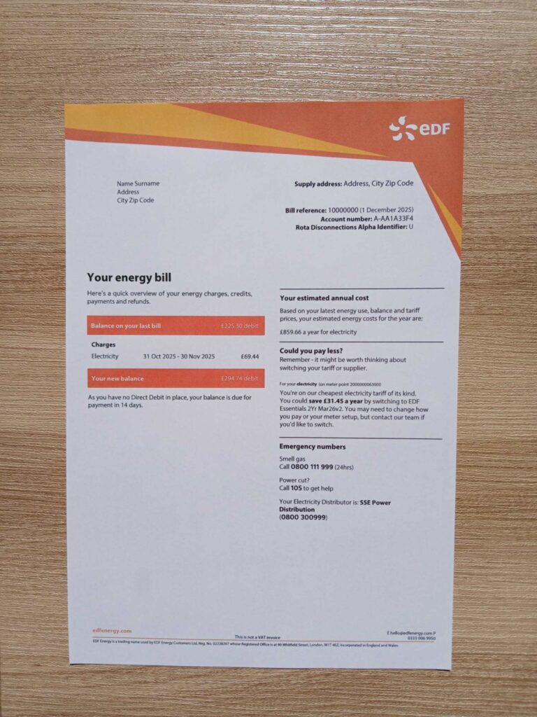 EDF bill printed and photographed – address proof from UK