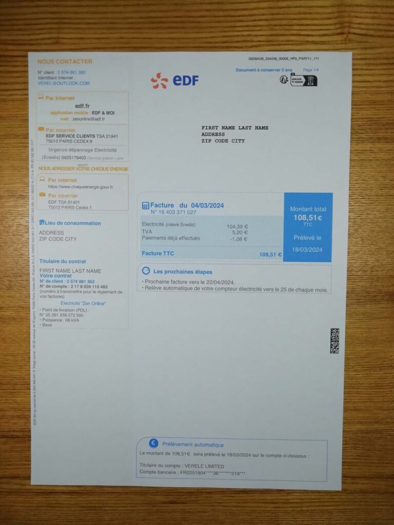 France EDF Electricity invoice scanned for proof of residence