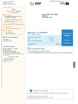 France EDF utility bill from {State} – customizable PDF for address proof