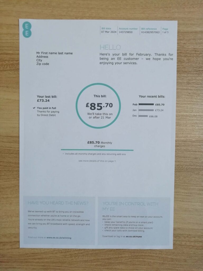 Verified Phone UK utility bill template for proof of residence