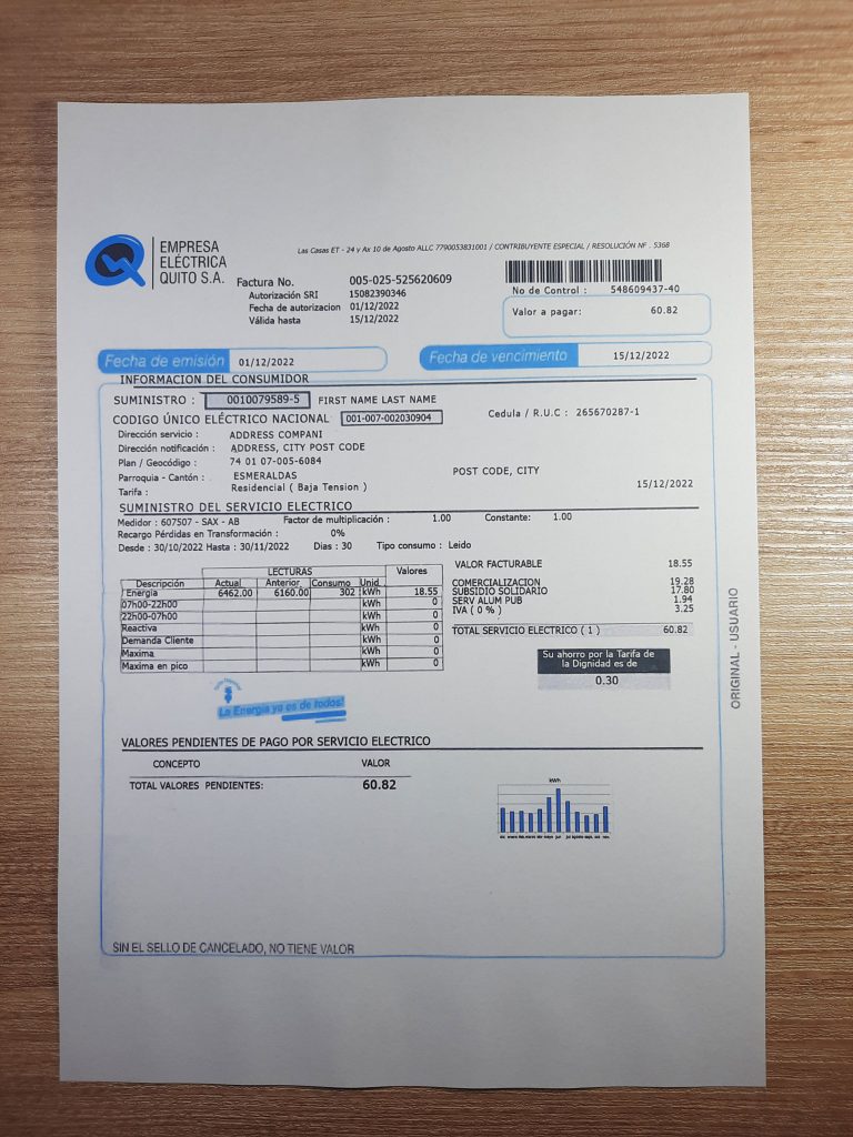 Ecuador Electric Empresa utility bill template for sample usage