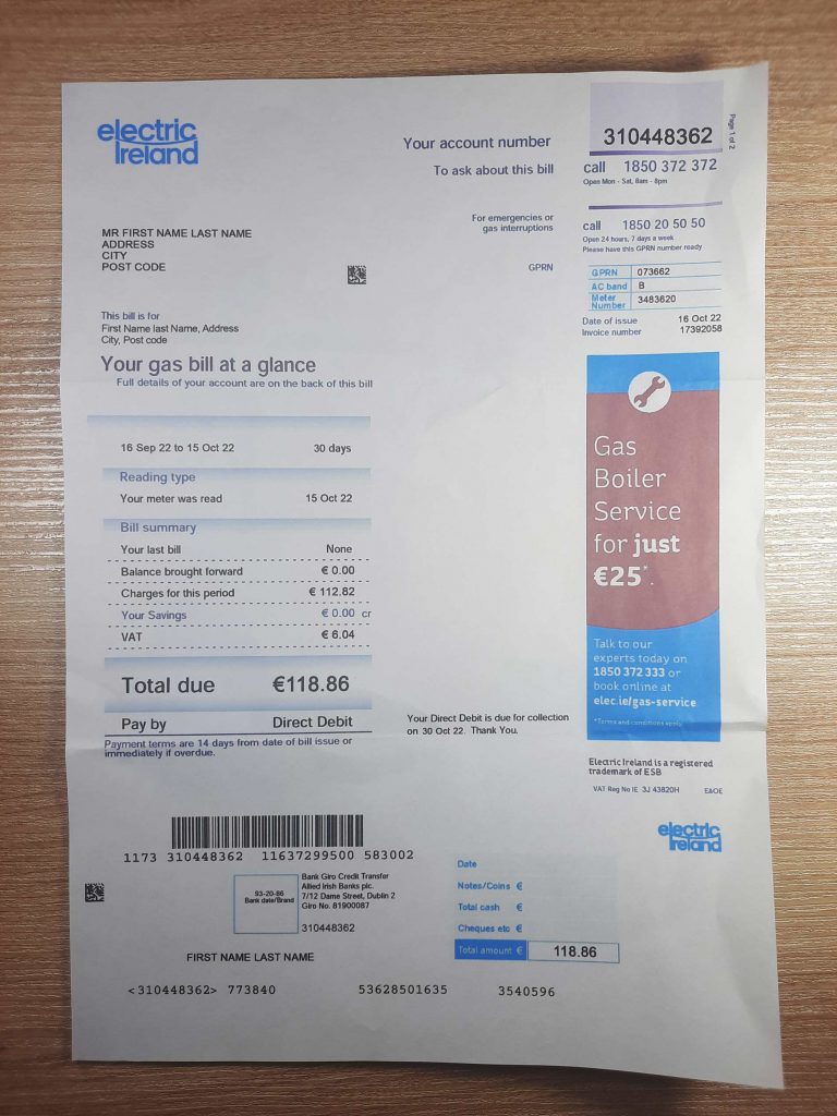 High-resolution Electric Ireland utility bill for documentation