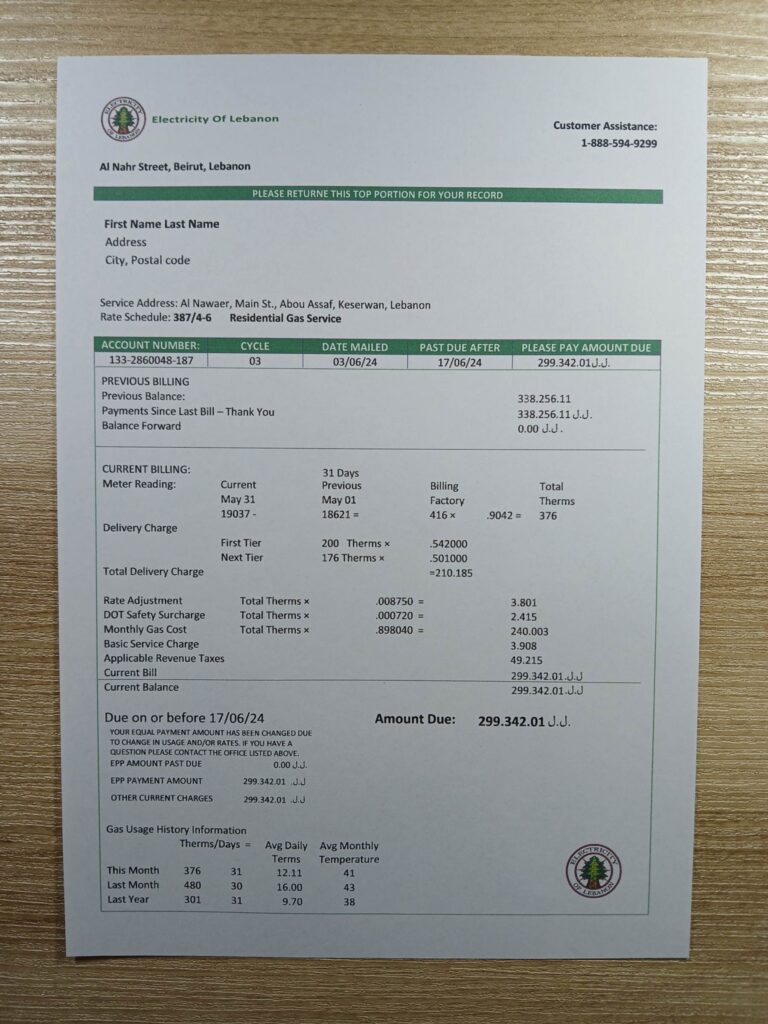 PDF-based Electricity of Lebanon bill sample in real photo