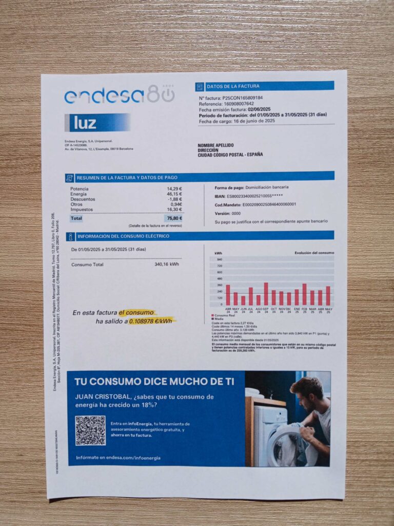 Endesa bill printed and photographed – address proof from Spain