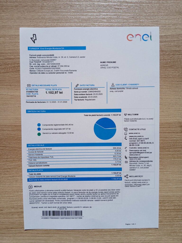 Enel bill printed and photographed – address proof from Romania