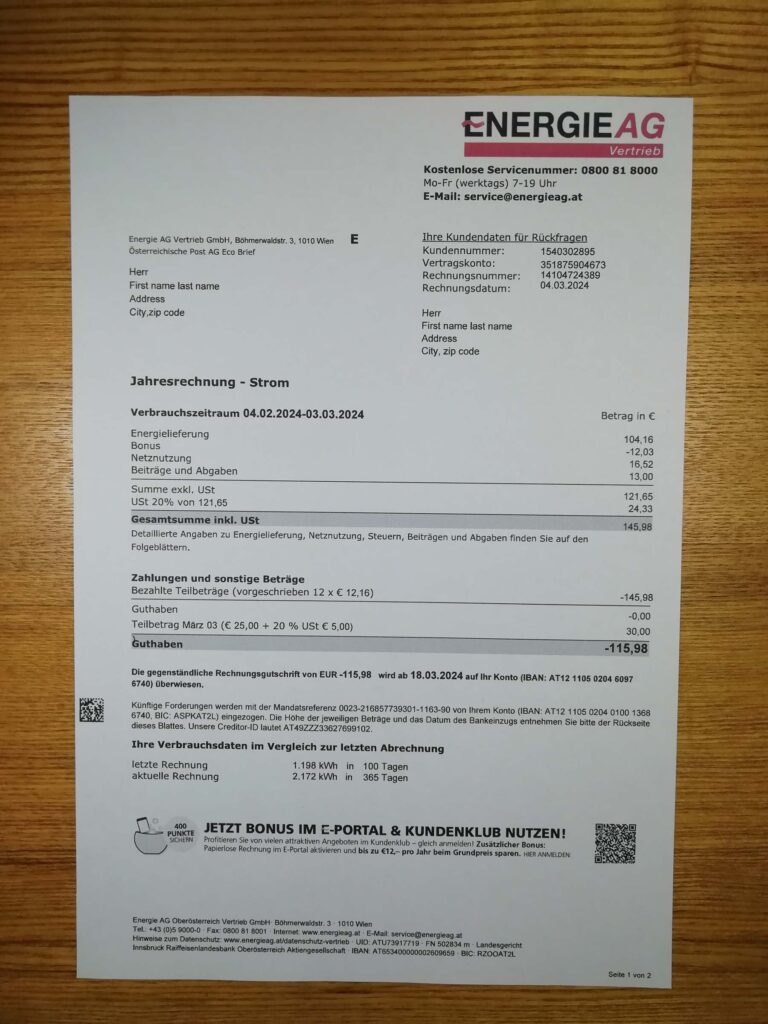 PDF-based Energie AG Austria bill sample in real photo