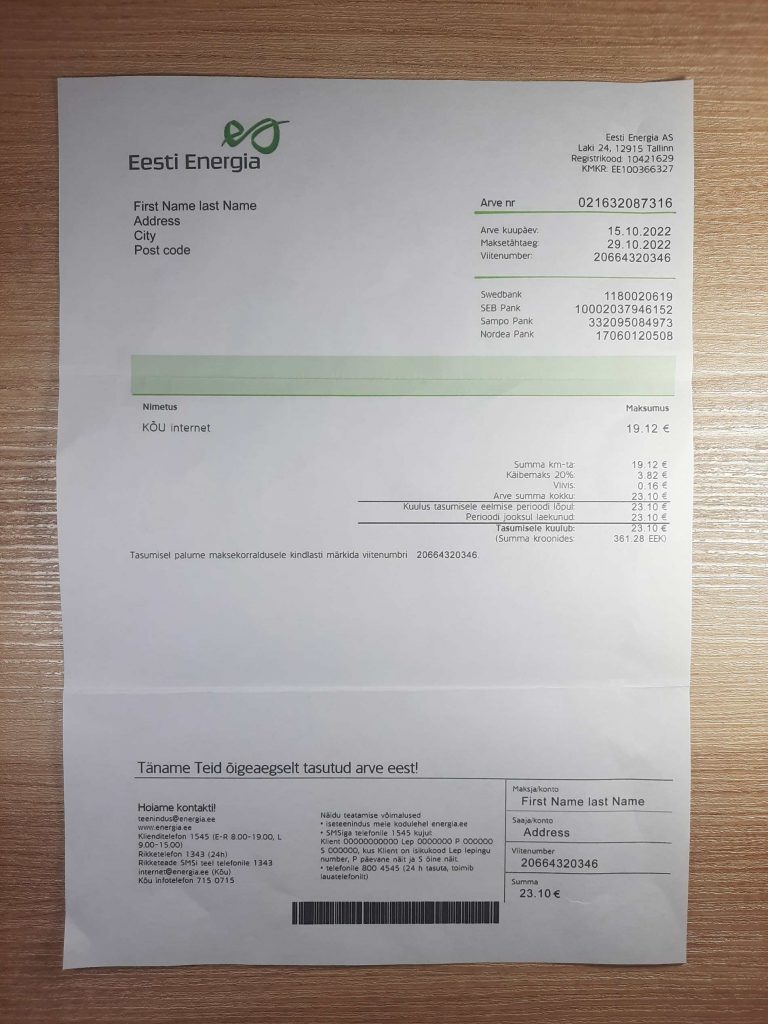 Estonia proof of address showing Eesti Energia bill in print