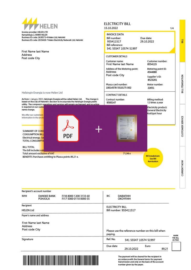 Finnish Utility Bill Template — Proof of Address | Finland, 24h