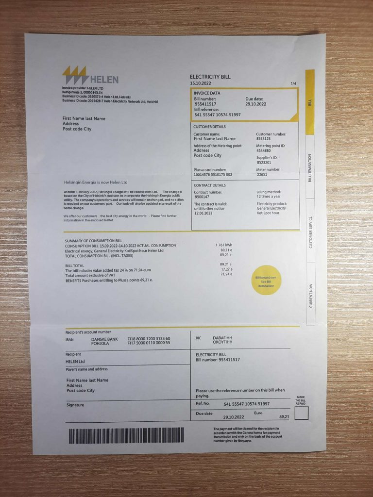 Visual example of Helen Electric bill from Finland region