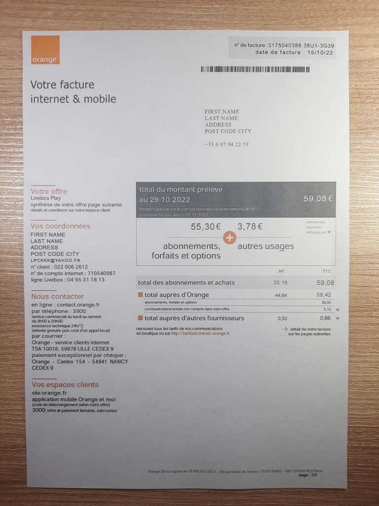 Verified France Phone billing format for training or testing