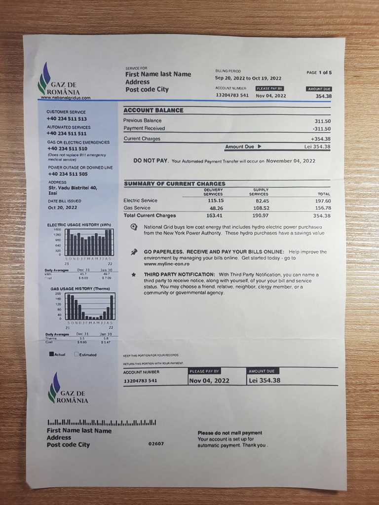 Address proof using GAZ DE ROMANIA utility bill in Romania