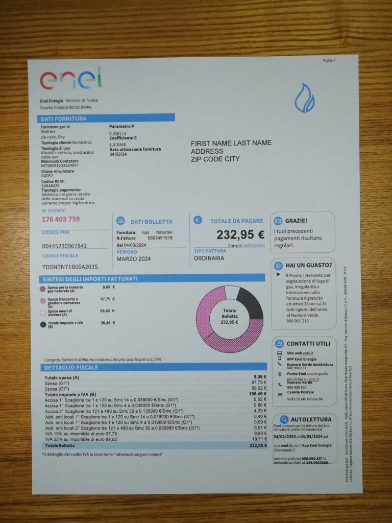 Enel Italy GAS utility bill used for address verification test