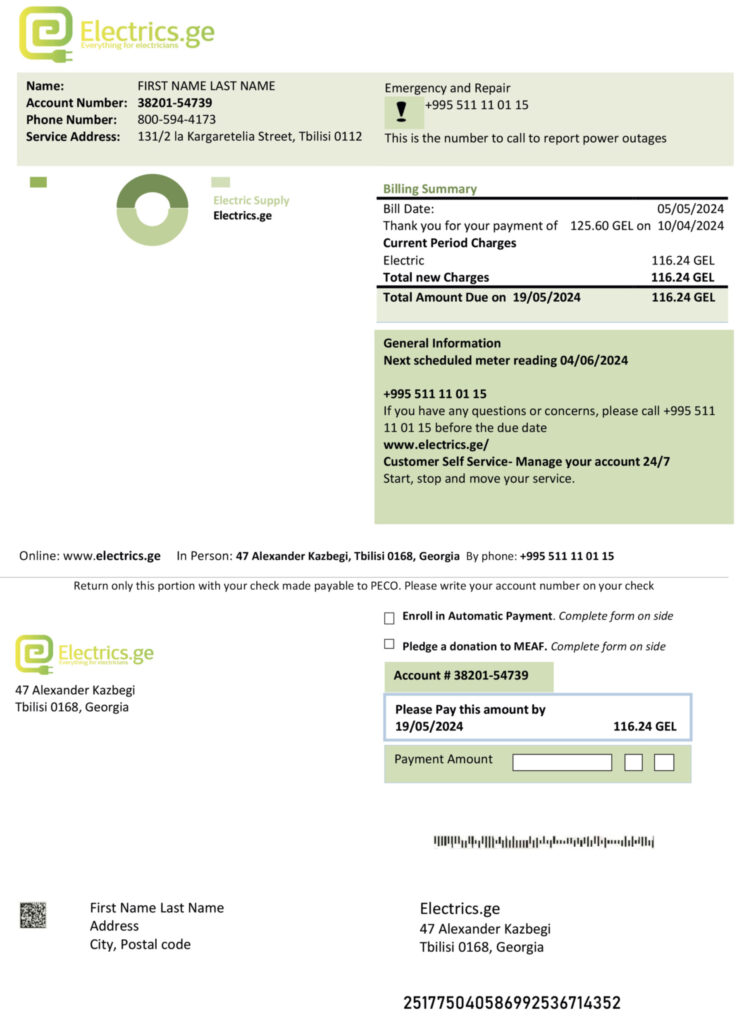 Georgia Electrics.ge utility bill from Georgia – customizable PDF for address proof