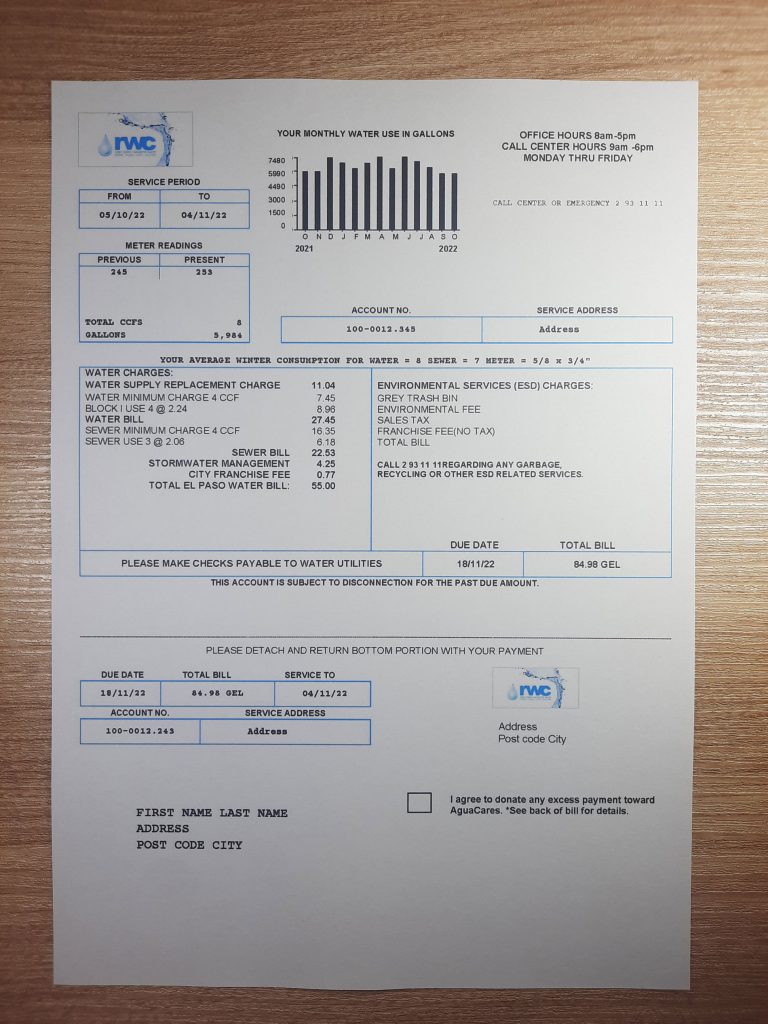 Georgia Water RWC utility bill template for ID proof