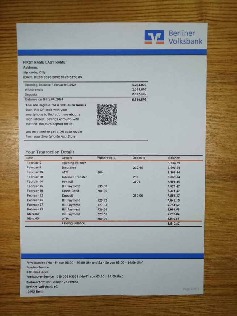 Bank Statement from Germany Berliner Volksbank for legal use
