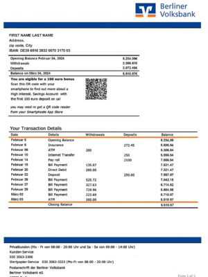 Germany Clean layout of Berliner Volksbank {utility type} bill – editable {State} version