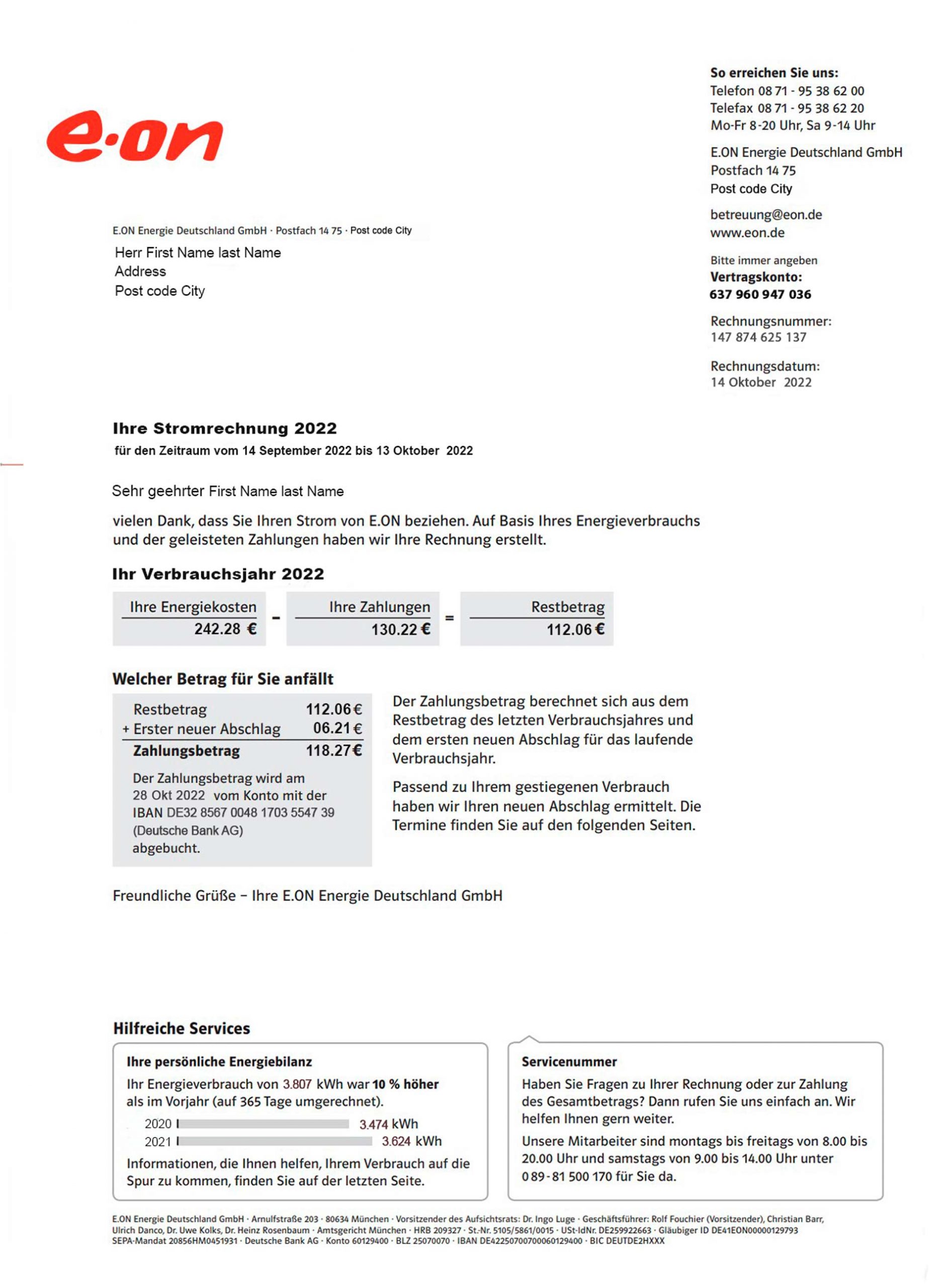 Germany E.ON utility bill layout preview icon (usage summary, charges grouping, VAT and totals structure reference)