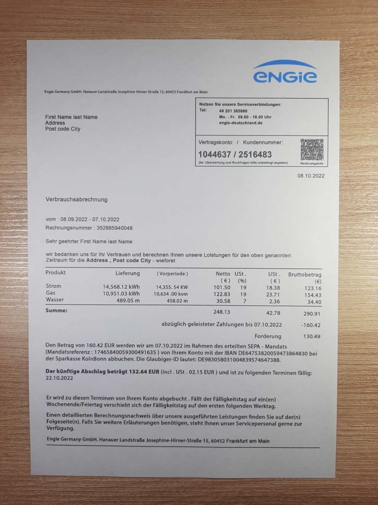 On-paper version of Germany Engie billing file