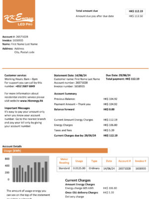 Hong Kong Energy electricity statement from Hong Kong – modifiable PDF template