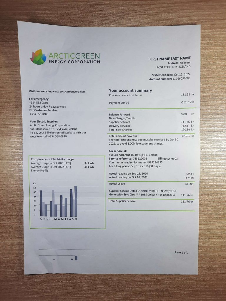 Iceland Arctic Green Energy Corporation residential utility bill photographed on desk