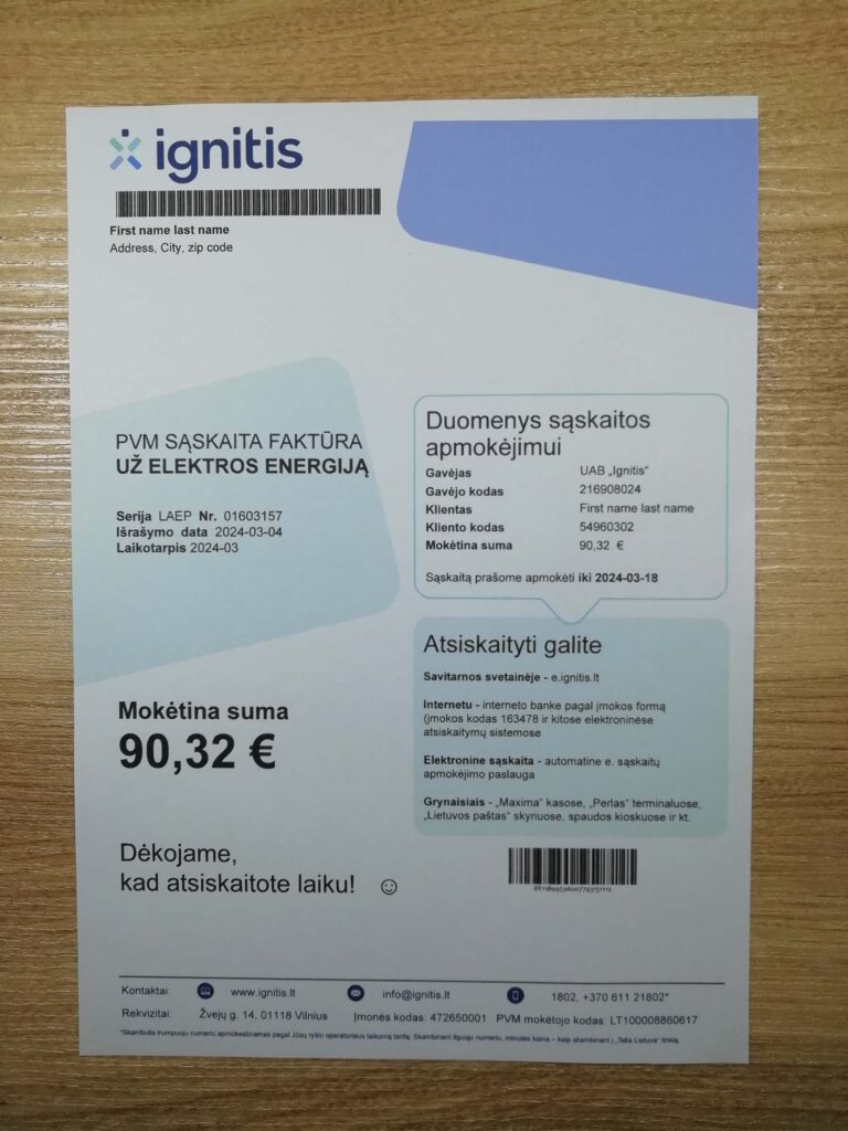 PDF-based Lithuania Ignitis bill sample in real photo
