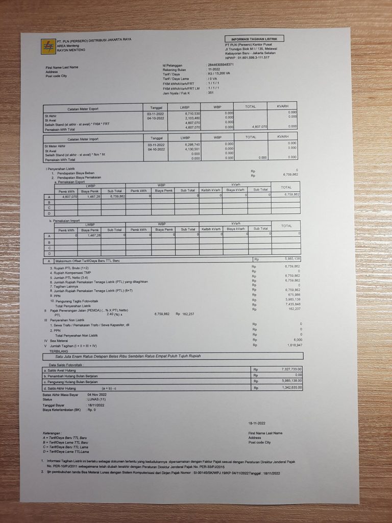 Indonesia Area utility bill template for ID proof