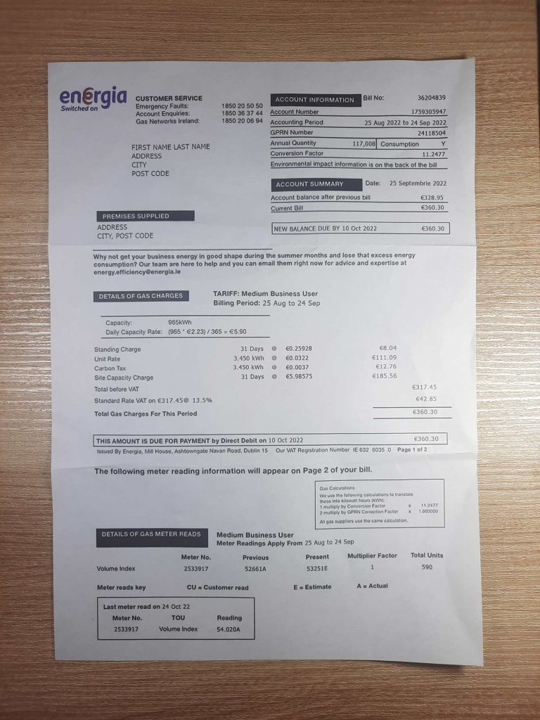 Realistic Ireland ENERGIA utility bill used for verification purposes