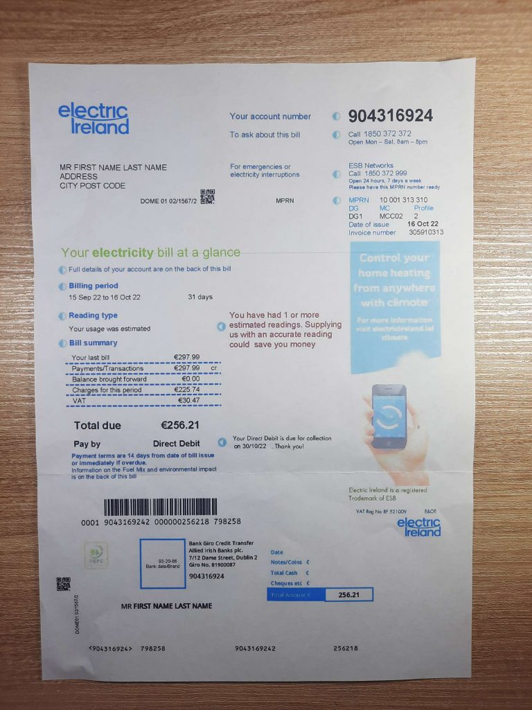 Printed copy of Ireland Electric Ireland utility bill template for ID proof
