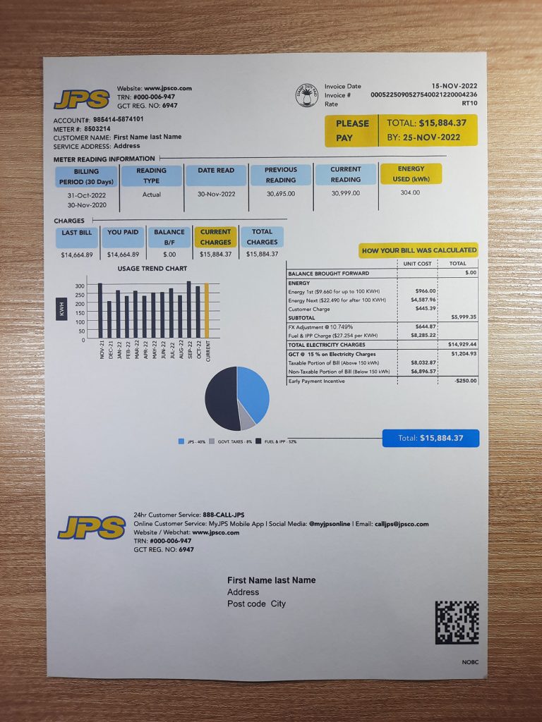 Jamaica Energy JSP utility bill template for sample usage