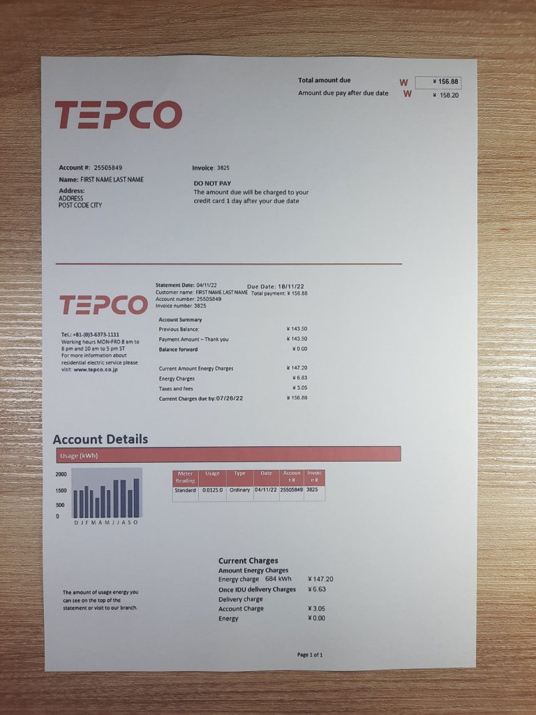 Japan Tepco utility bill template example for address verification