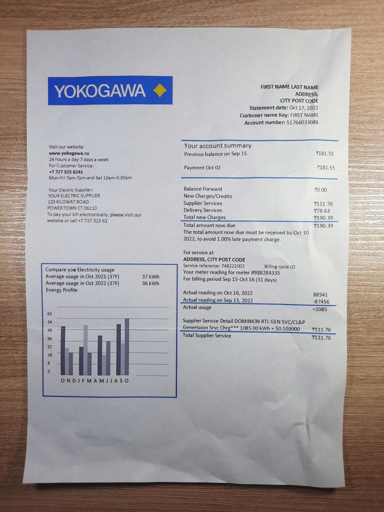 Yokogawa Electric Kazakhstan utility bill example for address verification