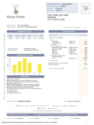 Clean layout of Kenya Power {utility type} bill – editable Kenya version