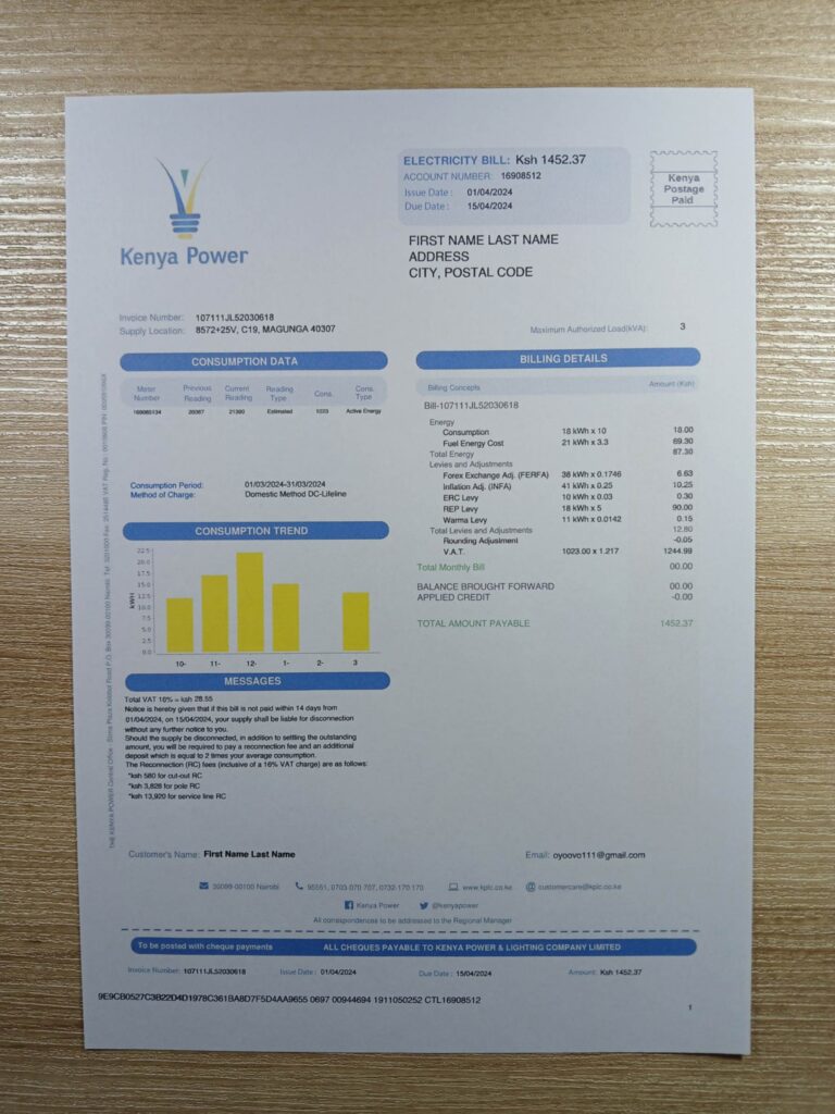 Realistic energy invoice by Kenya Power