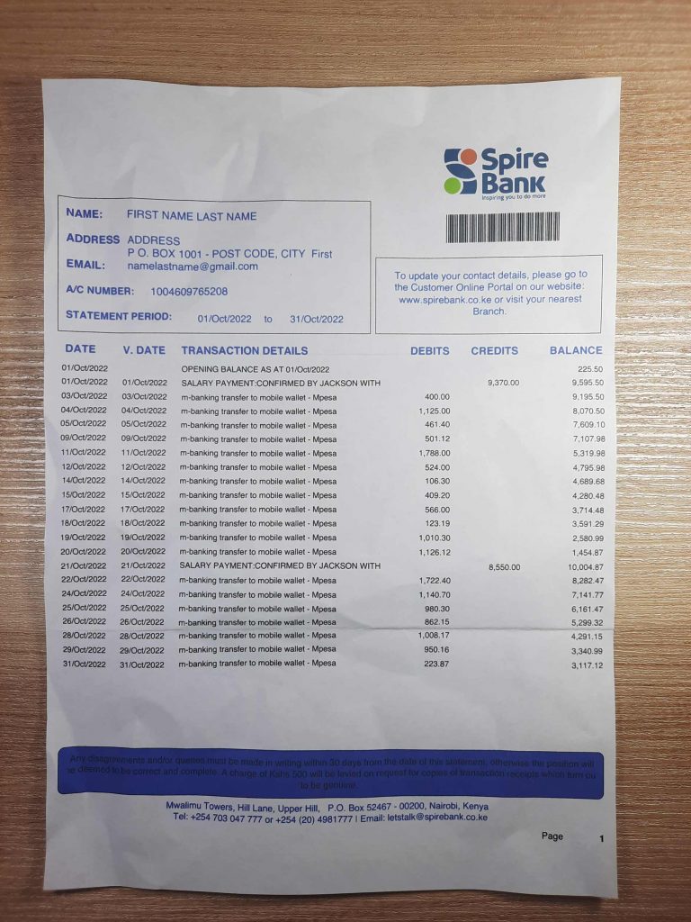 Printed Kenya SPIRE Bank for user simulation