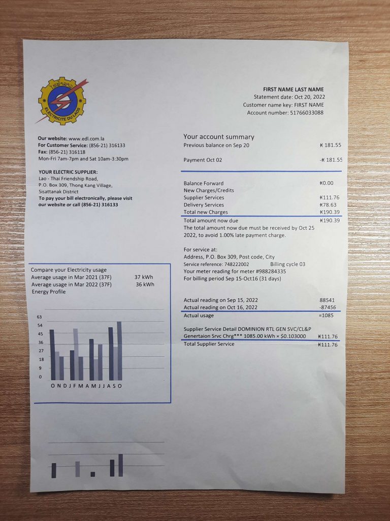 Utility bill printout from Laos Electricite du Laos electricity users