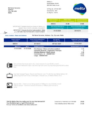 Melita Interner and TV statement from Malta – modifiable PDF template