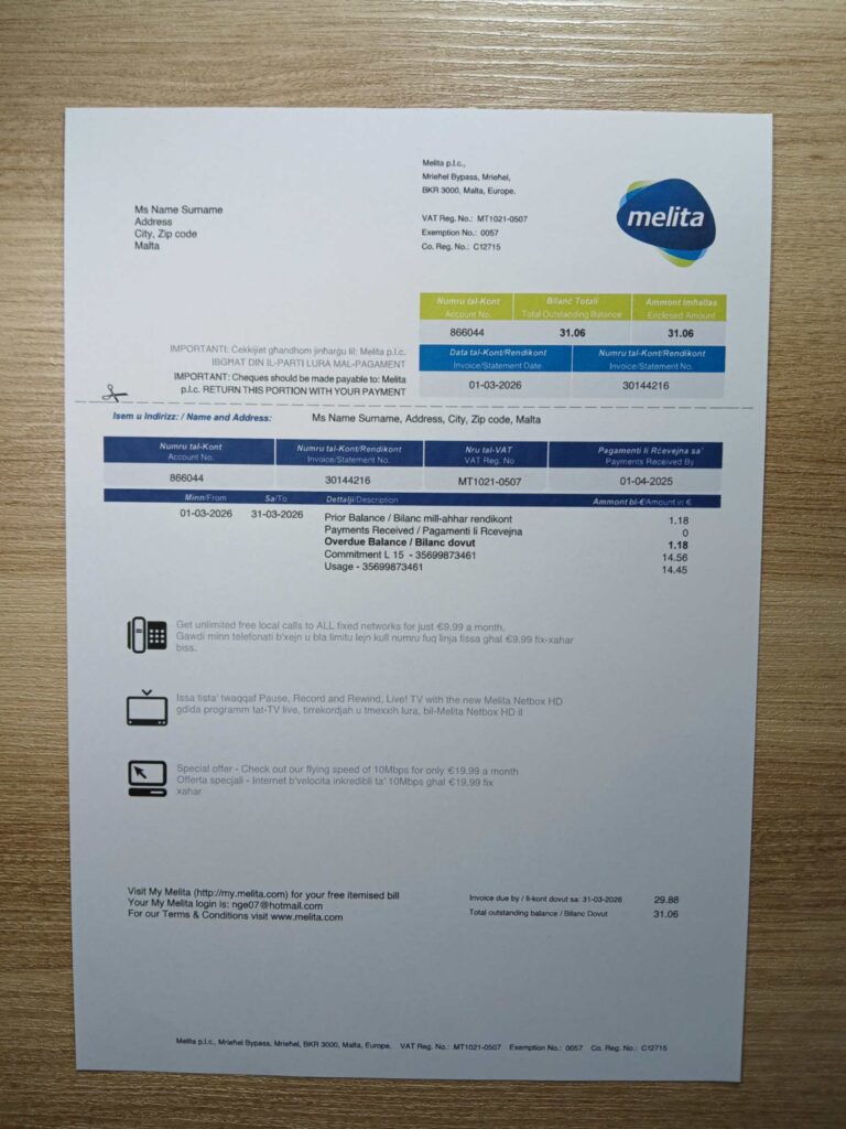 Melita bill printed and photographed – address proof from Malta