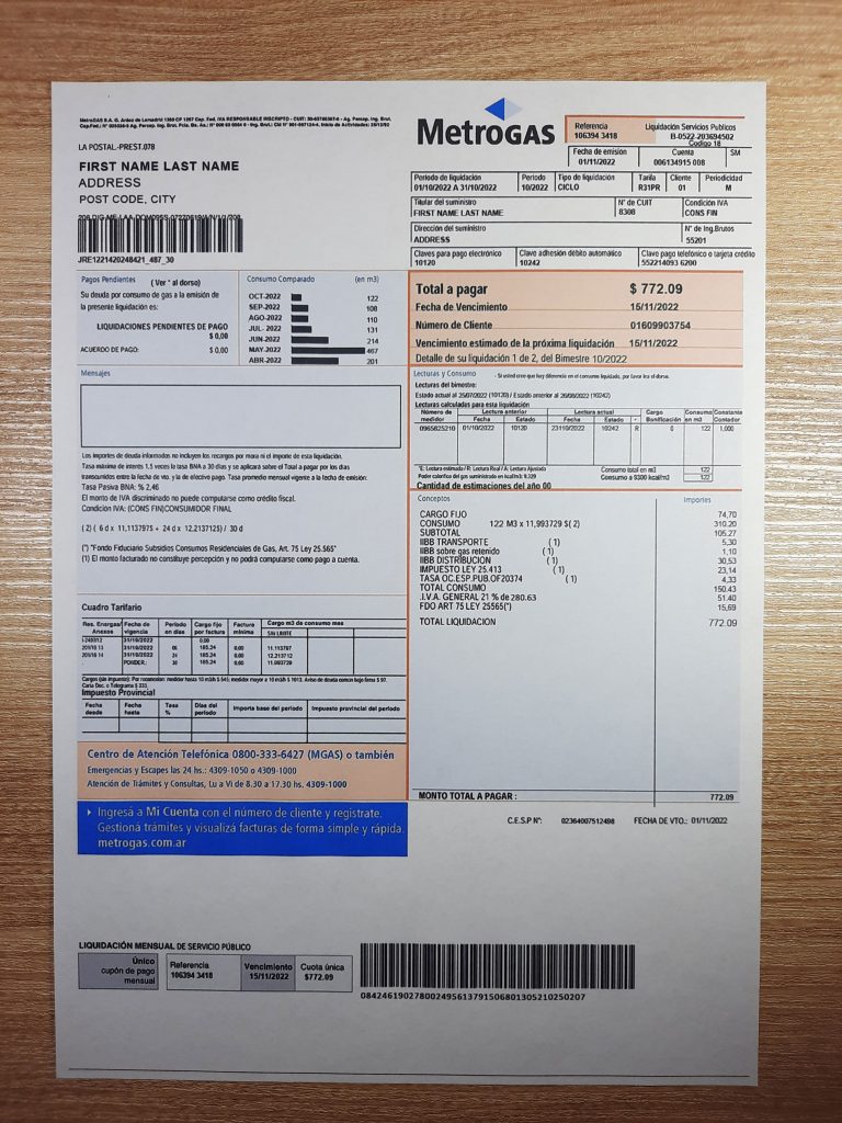 Argentina Metrogas document-style utility statement image