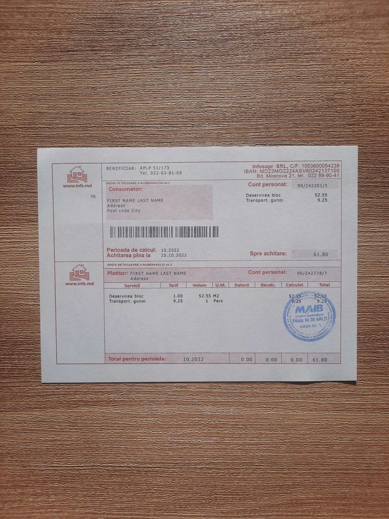 Verified Moldova Garbage Infs billing format for training or testing