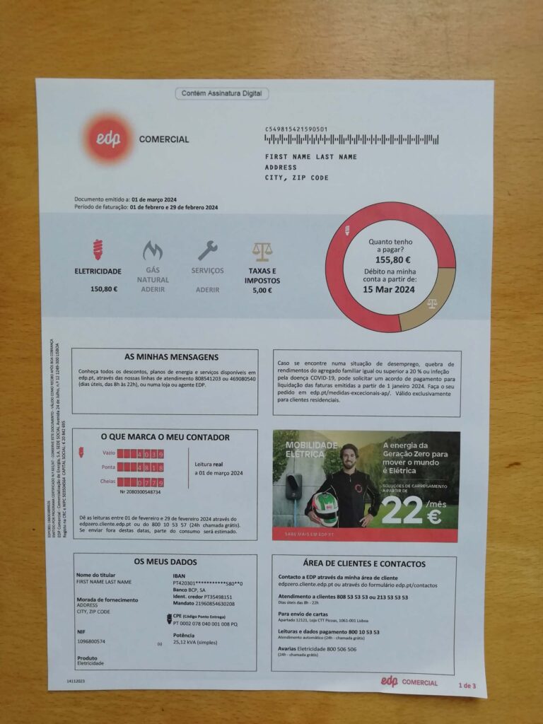 Realistic energy invoice by EDP Electricity Portugal utility bill template