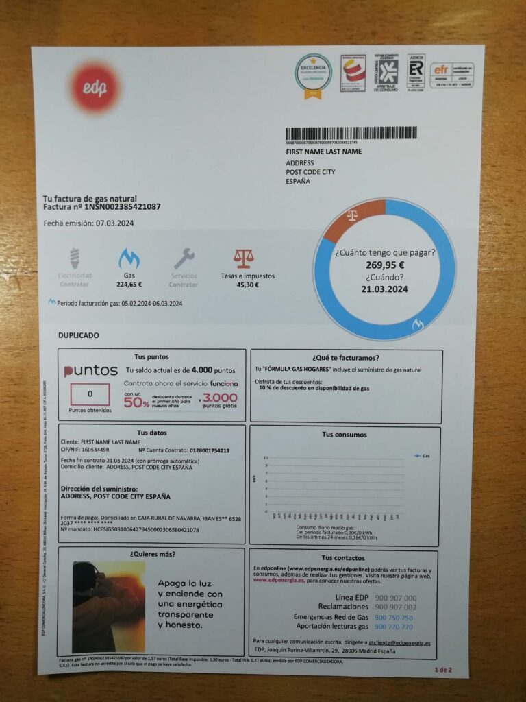 Spain proof of address showing EDP electricity bill in print