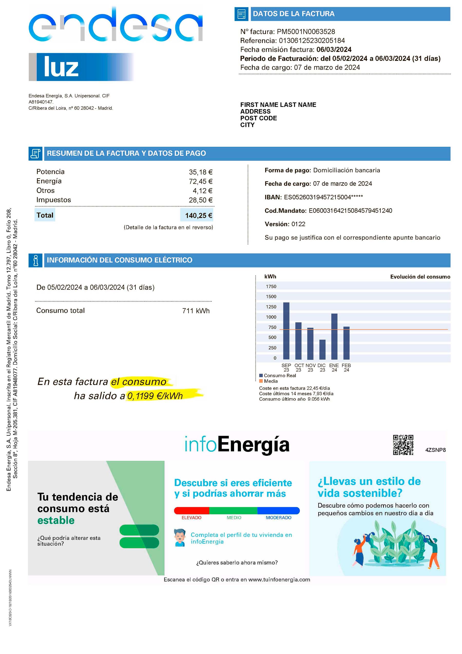 Portugal Endesa electricity bill layout preview icon (consumption block, itemized charges, and tax totals structure reference)